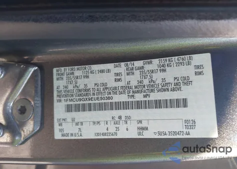 2014 Ford Escape Se from USA, damaged, VIN 1FMCU9GX9EUE50380